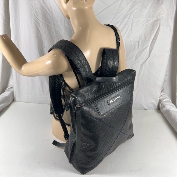POLICE Black Leather Backpack Travel Bag - Picture 14 of 15